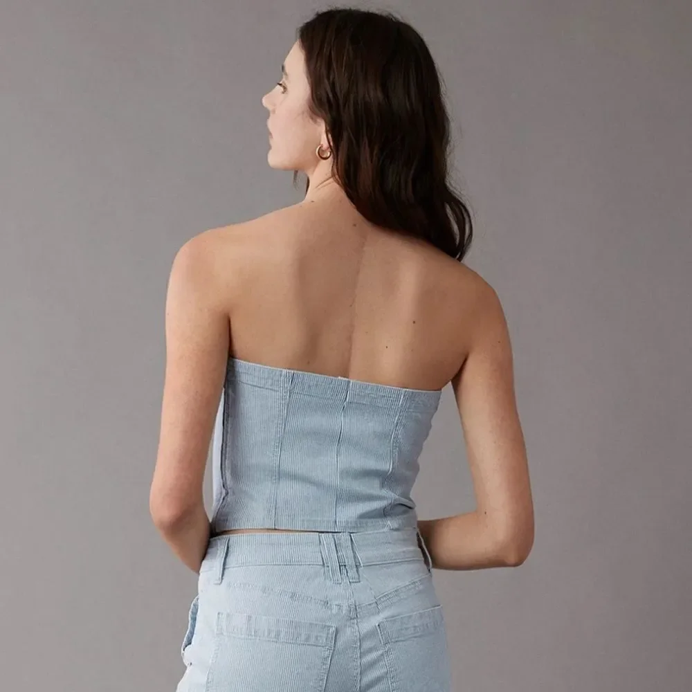 AE Light Blue Pin Stripe Vintage Wash Railroad Denim Cropped Spaghetti Top
